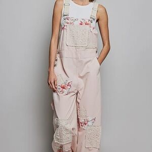 POL Pink Overalls with Floral Accents